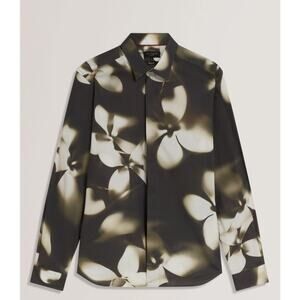 Ted Baker Dress Shirt Mens Small Black Photographic Floral Long Sleeve Cotton